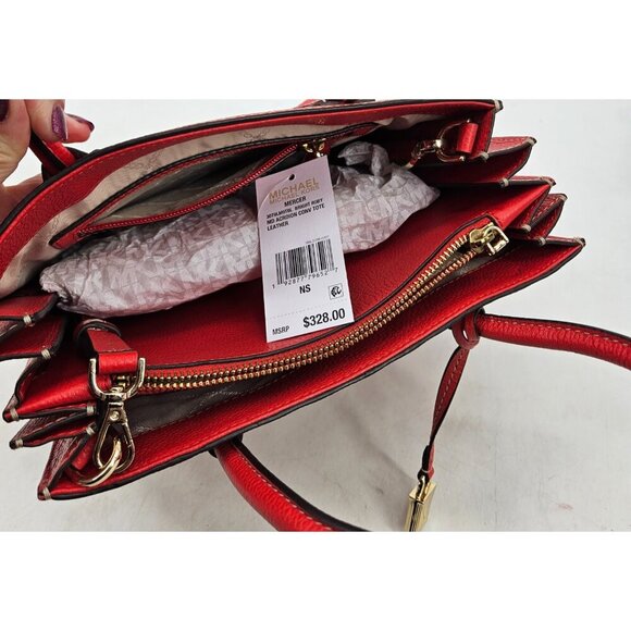 Michael Kors Leather Mercer Medium Accordion Convertible  New Michael Kors Mercer Bright Ruby Accordion Convertible Leather Tote Purse Bag